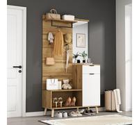 LINKHOO Ensemble de vestiaire, Bois Multifonctionnel, avec Miroir, Banc à Chaussures, Armoire à Chaussures, tiroir, étagère et patères, avec charnières hydrauliques, 104 * 37 * 190 cm, chêne