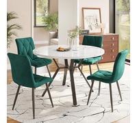 LINKHOO Ensemble Salle à Manger 5 Pièces - Plateau Rond en Marbre, Pieds Métal Noir, 4 Assises Ergonomiques en Daim Vert, Style Moderne