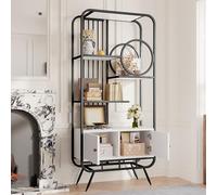 LINKHOO Étagère en métal, Armoire de Rangement, avec Double Porte, Trois étagères,Pieds Hauts en métal, Décoration Ronde, 80 x 30 x 180 cm, Blanc Noir