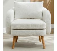 LINKHOO Fauteuil en Velours Teddy, avec Coussin et Coussin très épais, Fauteuil Individuel rembourré, Chaise de Loisirs, Chaise à Pieds en Bois Massif, Blanc