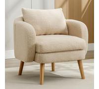 LINKHOO Fauteuil en Velours Teddy, avec Coussin et Coussin très épais, Fauteuil Individuel rembourré, Chaise de Loisirs, Chaise à Pieds en Bois Massif, Beige