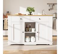 LINKHOO Ilot de Cuisine, Chariot de équipé d’Une multiprise, Armoire, Chariot de Service avec Plan de Travail, de Service avec veines de Bois, 151.5 * 59.7 * 91.7 cm, Blanc