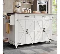 LINKHOO Îlot de Cuisine, Chariot de Service avec Plan de Travail Coulissant, avec Quatre Portes et Deux tiroirs, avec Grain de Bois, 140 * 45 * 90.54 cm, Blanc