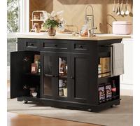 LINKHOO Îlot de Cuisine, cloisons Amovibles, Chariot de Salle à Manger avec Plan de Travail, Armoire Buffet, Armoire en Verre trempé,151.1 * 60 * 91.7cm, Noir