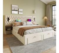 LINKHOO Linge de lit Ensemble Complet, rembourré Double avec 2 Tables de Chevet et 4 tiroirs, tête de lit liseuse avec Fonction de Charge USB, sans Matelas, Velours, 160×200 cm, Beige