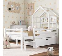 LINKHOO lit bébé Mezzanine en Bois Massif, avec échelle et tiroirs, avec sommier à Lattes, avec Protection Contre Les Chutes(sans Matelas), 90x200 cm, Blanc