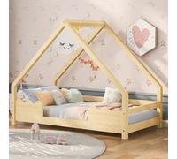 LINKHOO Lit cabane d’Enfant, avec Protection antichute, Bois Massif en Naturel, 90x200 cm