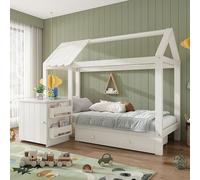 LINKHOO lit cabane Enfant, en Bois Massif avec tiroirs et Table de Chevet Amovible, lit de Sol en Blanc, sans Matelas, 90x200 cm, Blanc