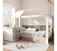 LINKHOO lit cabane Enfant, en Bois Massif avec tiroirs et Table de Chevet Amovible, lit de Sol en Blanc, sans Matelas, 90x200 cm, chêne Blanc