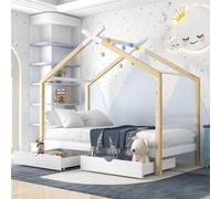 LINKHOO lit d’Enfant cabane, Bois Massif avec sommier à Lattes et tiroirs, en Bois de pin, Chambre d’Enfant et d’Adolescent, 90x200cm, Couleur Bois Blanc