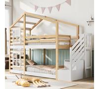 LINKHOO lit d’Enfant cabane dans Les Arbres, avec Rangement et Protection Contre Les Chutes, INCL. Tableau Noir - 2X sommier à Lattes (sans Matelas), 90 x 200 cm, Naturel et Blanc