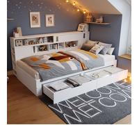 LINKHOO Lit de jour simple, berceau multifonctionnel avec tiroirs, étagère et placard de rangement, sans matelas, 90 * 200cm, blanc