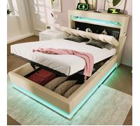 LINKHOO lit de rangement hydraulique, tête de lit avec ports USB et Type-C, éclairage LED à la tête et au pied du lit,90x200,beige
