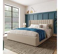 LINKHOO lit de Rangement, lit rembourré, Double hydraulique, sommier à Lattes en Bois, avec sommier en métal, Beige