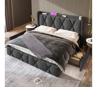 LINKHOO lit de Rangement rembourré Double, avec Fonction de Charge USB, tête de lit et 4 tiroirs, Cadre de lit, sommier à Lattes en Bois (sans Matelas),160x200cm, Gris