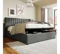 LINKHOO lit de Rangement rembourré Double hydraulique, à Lattes en Bois, avec Cadre en métal, Lin, 180x200 cm, Gris