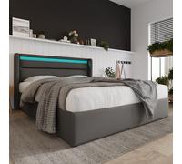 LINKHOO lit Double à Rangement hydraulique, avec Bande Lumineuse LED, lit rembourré 160x200cm, Gris (avec télécommande)