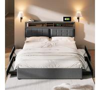 LINKHOO lit Double avec 4 tiroirs et Prise USB C, lit rembourré 140x200cm, tête de lit réglable en Hauteur, sommier à Lattes en Bois (sans Matelas)