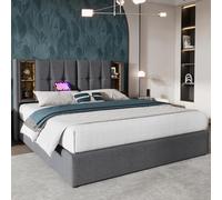LINKHOO lit Double avec Recharge sans Fil USB C, Cadre de lit rembourré 180x200cm, Cadre de lit avec Rangement sommier à Lattes en Coton Gris Bois (sans Matelas)