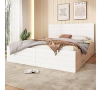 LINKHOO lit Double en Bois, avec 2 tiroirs, avec Cadre de lit et sommier à Lattes, sans Matelas, 160×200 cm, chêne/Blanc