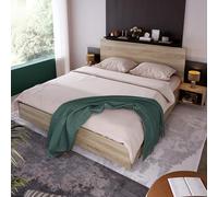 LINKHOO lit Double en Bois, avec 2 tiroirs et 2 Tables, Chambre complète-205,5x235x76,5 cm, chêne Sonoma & Gris foncé