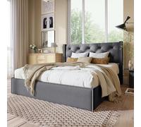 LINKHOO lit Double hydraulique, rembourré 160x200cm,avec Cadre en métal sommier à Lattes, Cadre de Moderne avec Espace de Rangement, Coton, Gris