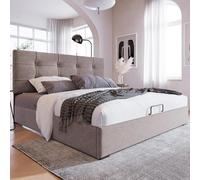 LINKHOO lit Double hydraulique rembourré, tête de lit réglable, avec Cadre en métal, sommier à Lattes, avec Espace de Rangement, Velours, 140x200cm, Gris Clair