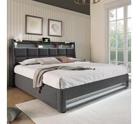 LINKHOO lit Double LED rembourré, avec USB et sommier à Lattes en métal,Cadre de lit en Lin (sans Matelas), 180x200cm, Gris
