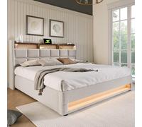 LINKHOO lit Double LED rembourré, avec USB et sommier à Lattes en métal,Cadre de lit en Lin (sans Matelas), 180x200cm, Beige