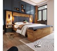 LINKHOO lit Double rembourré, avec Lampe de Lecture et Table de Chevet USB C et Banc,avec Espace de Rangement, Cadre de lit avec sommier à Lattes en métal, Bois et Lin, sans Matelas 180×200 cm, chêne