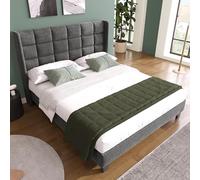 LINKHOO Lit Double rembourré Design Moderne, avec sa tête de lit rembourrée, avec sommier à Latte, en Lin, moyennement Ferme (sans Matelas), 140x200cm,Gris