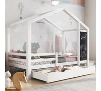 LINKHOO lit Enfant cabane, en Bois avec Tableau Noir et 2 tiroirs, Bois Massif avec clôture et sommier à Lattes (sans Matelas), 90 x 200 cm, Blanc