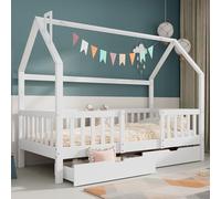 LINKHOO Lit Enfant de cabane, avec cheminée et Deux tiroirs de Rangement, Sommier à Lattes Robuste, en Bois de pin, sans Matelas, 90 x 200 cm, Blanc