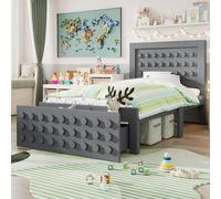 LINKHOO lit Enfant en Bois Simple, au Design de Bloc créatif, Cadre de lit en Bois Massif avec sommier à Lattes, avec tiroirs et rangements, Gris, sans Matelas, 90x200 cm