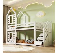 LINKHOO lit Enfant, lit superposé Mezzanine pour Enfants, cabane dans Les Arbres avec tiroirs et Protection antichute,2X sommier à Lattes, 90 x 200 cm, Blanc