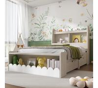 LINKHOO lit Enfant Simple de Rangement, avec tiroirs, étagère et Banc avec Rangement, Cadre de lit et sommier à Lattes en Bois, sans Matelas, 90x200 cm, Blanc et chêne
