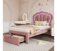 LINKHOO lit Enfant Simple LED, avec tiroirs, APP-Control LED, Sommier à Lattes et tête de lit réglable, Velours, 90 x 190 cm,Rose