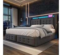 LINKHOO lit hydraulique rembourré Double, vec tête de lit LED et Fonction de Charge USB C, avec sommier à Lattes en Bois et Cadre métallique, sans Matelas, Coton, 160x200 cm, Gris