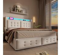 LINKHOO lit hydraulique rembourré Double, vec tête de lit LED et Fonction de Charge USB C, avec sommier à Lattes en Bois et Cadre métallique, sans Matelas, Coton, 180x200 cm, Beige