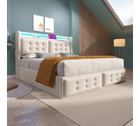 LINKHOO lit hydraulique rembourré Double, vec tête de lit LED et Fonction de Charge USB C, avec sommier à Lattes en Bois et Cadre métallique, sans Matelas, Coton, 160x200 cm, Beige