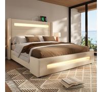 LINKHOO lit Jeune rembourré Double, avec LED et Rangement hydraulique et Chargement USB Type-C, Cadre de lit en métal avec Lattes de Bois, sans Matelas, 180x200 cm, Beige