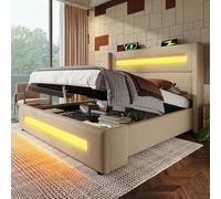 LINKHOO lit Jeune rembourré Double, avec LED et Rangement hydraulique et Chargement USB Type-C, Cadre de lit en métal avec Lattes de Bois, sans Matelas, 140x200 cm, Beige