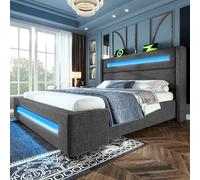 LINKHOO lit Jeune rembourré Double, avec LED et Rangement hydraulique et Chargement USB Type-C, Cadre de lit en métal avec Lattes de Bois, sans Matelas, 160x200 cm, Gris