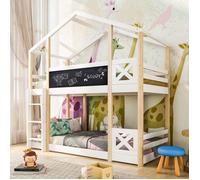 LINKHOO lit mezzanine enfant, cabane dans les arbres avec échelle, 2x sommier à lattes, 90 x 200 cm, naturel & blanc