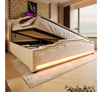 LINKHOO lit rembourré 140x200, Double avec Rangement hydraulique, éclairage LED et Port de Charge USB-C, avec sommier à Lattes, Velours, Beige, sans Matelas