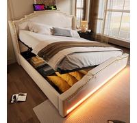 LINKHOO lit rembourré 160x200, Double avec Rangement hydraulique, éclairage LED et Port de Charge USB-C, avec sommier à Lattes, Velours, Beige, sans Matelas