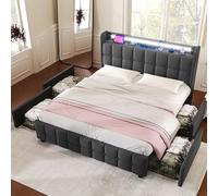 LINKHOO lit rembourré avec charge, fonction de charge USB, tête de lit et éclairage LED et 4 tiroirs,lit double 180x200cm, lits de rangement, cadre de lit, sommier à lattes en bois, gris(sans matelas)