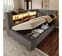 LINKHOO Lit rembourré, avec éclairage LED, Espace de Rangement hydraulique, tête de lit en L avec Espace de Rangement, pouvant être montée des Deux côtés, sommier à Lattes, 90 x 190 cm, Gris