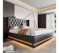LINKHOO lit rembourré Double 140 * 200 cm, Lit de Rangement hydraulique en matériau PU Noir, Tête de lit rembourrée avec Fonction de Charge USB Type-C, Fonction LED 3 côtés (sans Matelas)
