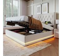 LINKHOO lit rembourré Double 160 * 200 cm, Lit de Rangement hydraulique en Coton Beige, Tête de lit rembourrée avec Fonction de Charge USB Type-C, Fonction LED 3 côtés (sans Matelas)